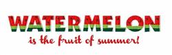 Playful watermelon design with bold red and green letters, summer theme, featuring cheerful text below.