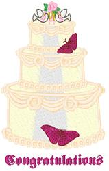 Detailed wedding cake with three tiers, pink flowers, and purple butterflies, celebrating love and joy.