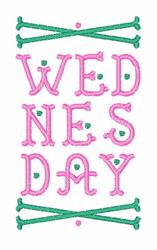 Playful 'WEDNESDAY' in bold pink letters with green bones and decorative lines surrounding it.