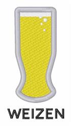Stylized weizen beer glass filled with yellow beer and bubbles, featuring bold 'WEIZEN' text. Cartoonish and playful.