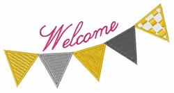 Welcome banner with triangular flags in yellow, gray, and checkered patterns, featuring pink embroidered text.