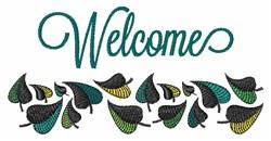 Welcome text in elegant script surrounded by vibrant green and yellow leaves, creating an inviting decor.