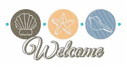 Welcome sign in playful coastal style featuring shell, starfish, clam, and elegant 'Welcome' text in pastel tones.