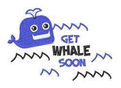 Playful whale with bright eyes and a big smile, waves beneath it, and 'GET WHALE SOON' text. Perfect for cheerful well wishes
