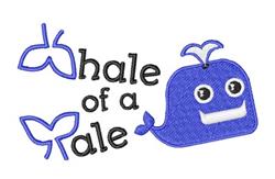Cheerful whale with sunglasses and a fin, featuring 'hale of a tale' in whimsical font, playful style.