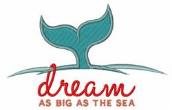 Whale tail applique in teal above bold red 'dream' text with wavy sea lines, playful and whimsical design.