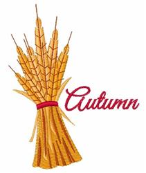 Stylized bundle of wheat tied with a red ribbon, featuring warm autumn colors and a rustic theme.
