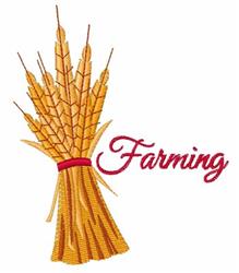 Golden wheat bundle with a vibrant red ribbon, featuring 'Farming' in bold text, celebrating harvest season.