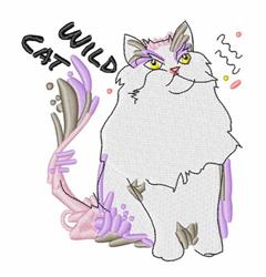 Cartoon white cat with purple accents and bright yellow eyes, featuring playful 'WILD CAT' text in a whimsical style.