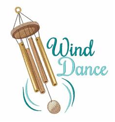 Whimsical wind chime with three long tubes and a round bottom ball, featuring elegant turquoise 'Wind Dance' text.