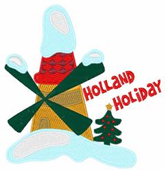 Playful windmill with green blades and snowy cap, beside a Christmas tree, featuring red 'HOLLAND HOLIDAY' text.