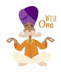 Playful cartoon of a wise man in a purple turban and orange shirt, meditating. Bright colors enhance the cheerful vibe.