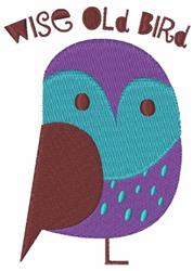 Playful owl in purple and turquoise with large eyes and 'WISE OLD BIRD' text, perfect for embroidery.