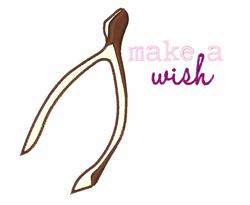 Wishbone in brown and cream next to 'make a wish' in playful pink and purple typography, modern design.