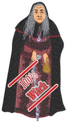 Cartoonish witch with long grey hair in a dark cloak, holding a bag for Halloween, with '100% Witch' text.