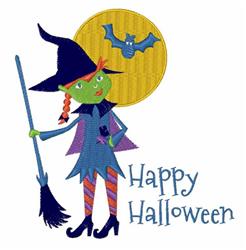Whimsical witch with green skin and red hair, vibrant purple dress, and blue hat. Perfect for Halloween decor.