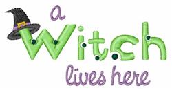 Playful text 'a Witch lives here' with vibrant green and purple hues, adorned with a whimsical witch hat for Halloween decor.