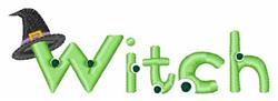 Whimsical word 'Witch' in playful green font topped with a black witch hat, enhanced by decorative dots, perfect for Hallowee