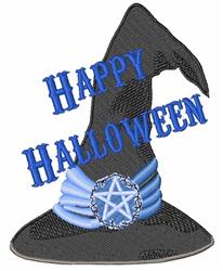 Playful witch hat with a blue ribbon and white pentacle, perfect for Halloween decor, showcasing festive spirit.