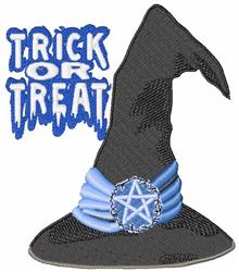 Playful witch hat with a blue band and star emblem, featuring 'TRICK OR TREAT' text for Halloween fun.