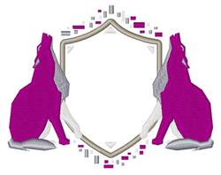 Modern wolf shield design featuring vibrant pink wolves with gray detailing and colorful geometric shapes.