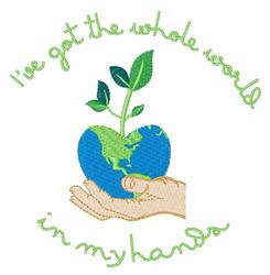 Playful design of a hand holding a globe with a plant sprouting, surrounded by uplifting text, perfect for eco-friendly theme