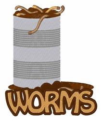 Playful pile of brown worms spills from a gray striped container, with 'WORMS' text adding whimsy.