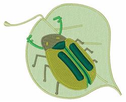 Playful yellow beetle with dark green stripes on a light green leaf, showcasing vibrant, natural colors.