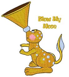 Playful yellow creature with white spots and blue tail joyfully holding a megaphone, saying 'Blow My Nose'.