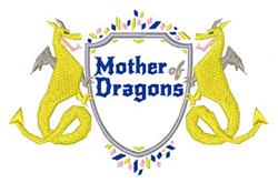Colorful applique featuring vibrant yellow dragons flanking a shield with bold blue text 'Mother of Dragons'.