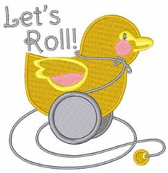 Playful yellow duck with a pink wing, grey wheels, and 'Let's Roll!' text, perfect for children's items.