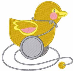 Cheerful yellow duck pull toy with a pink cheek, round wheel, and string, in a playful, colorful style.