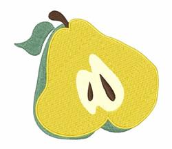 Colorful yellow pear with smooth texture, green leaf, and brown seeds, perfect for playful kitchen decor.