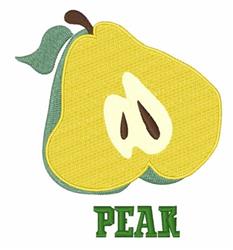 Playful yellow pear with smooth texture and green leaf, embroidered with bold green 'PEAR' text for casual decor.