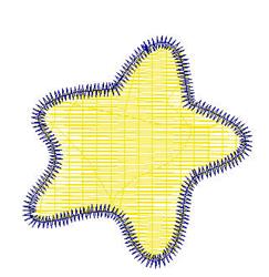 Playful yellow star with blue outline, featuring fancy edges and a textured stitch, perfect for kids' projects.