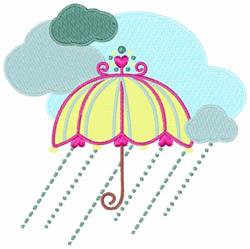 Playful yellow umbrella with pink accents, surrounded by grey clouds and raindrops, perfect for springtime decor.