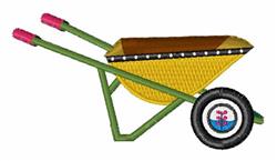 Colorful wheelbarrow with yellow body, green handles, and black wheels, perfect for gardening themes.