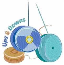 Colorful yo-yos in light blue and teal with beige spool of thread and vertical sewing needles. Playful design.