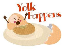 Playful cartoon egg with arms and a smile, cracked shell revealing a yellow yolk, with 'Yolk Happens' text, perfect for Easte