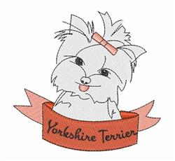 Cute Yorkshire Terrier with a fluffy white coat and pink bow, framed by a playful banner in soft colors.