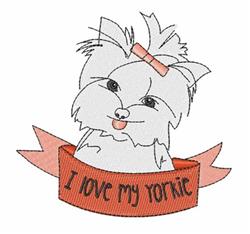 Cute Yorkshire Terrier with a bow on a vibrant orange ribbon that reads 'I love my yorkie.' Perfect for pet lovers.