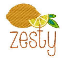 Playful lemon with a slice and green leaves, featuring 'zesty' text in warm orange. Bright and cheerful design.