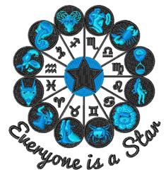 Colorful zodiac symbols in a circular layout with a central blue star on a black background, featuring the phrase 'Everyone i