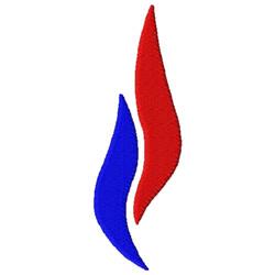 Abstract flame design featuring overlapping red and blue flames with smooth curves on a white background.