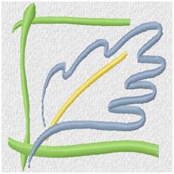 Contemporary abstract leaf design with curved blue and green lines, accented by yellow, in minimalistic style.