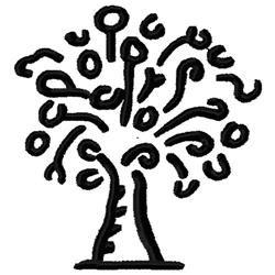 Abstract tree with a bold trunk, whimsical curly branches, and playful foliage in monochromatic colors.