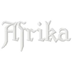 Stylized cursive embroidery displaying 'Afrika' in elegant white with decorative letter elements.