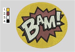 Comic speech bubble 'BAM!' in white on a yellow circular backdrop with a dynamic explosion shape.