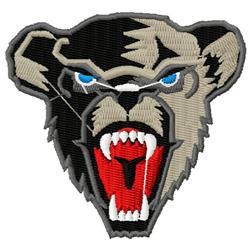Fierce bear head with sharp teeth and striking blue eyes, featuring bold lines and graphic style.