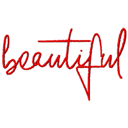 Bold text 'beautiful' in flowing red cursive, showcasing a playful and modern embroidery style.